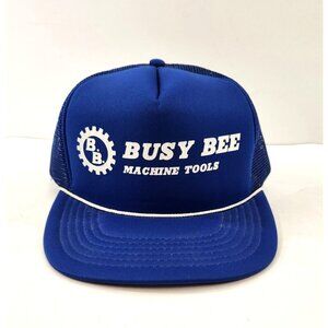 Busy Bee Machine Tools Trucker Hat Mesh Vtg 80s Blue w/ White Cord